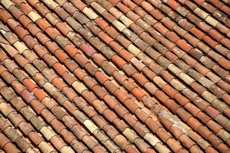Close-up view of traditional clay roof tiles, showcasing texture and color variation.